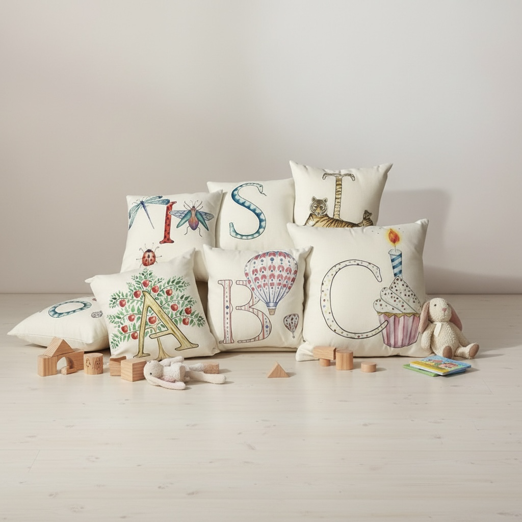 Illustrated Alphabet Linen Cushion Cover – Handmade in the UK | Personalised Letter Pillow | Nursery & Children’s Room Décor