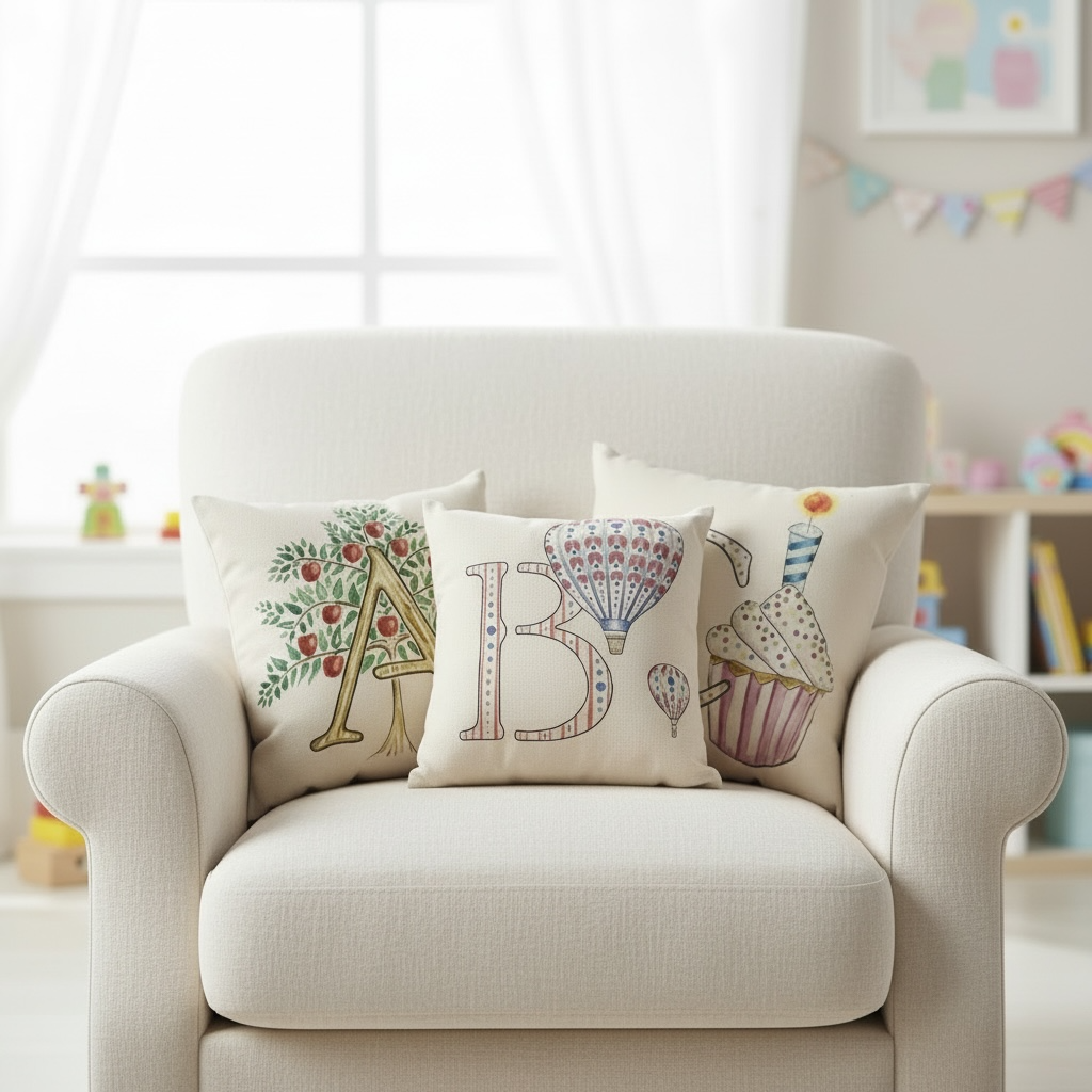 Illustrated Alphabet Linen Cushion Cover – Handmade in the UK | Personalised Letter Pillow | Nursery & Children’s Room Décor