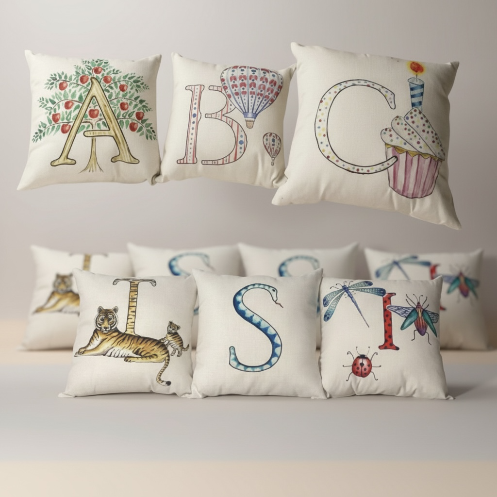 Illustrated Alphabet Linen Cushion Cover – Handmade in the UK | Personalised Letter Pillow | Nursery & Children’s Room Décor