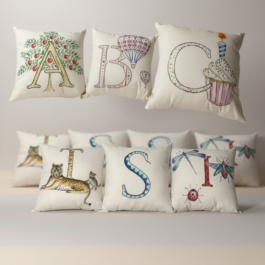 Illustrated Alphabet Linen Cushion Cover – Handmade in the UK | Personalised Letter Pillow | Nursery & Children’s Room Décor