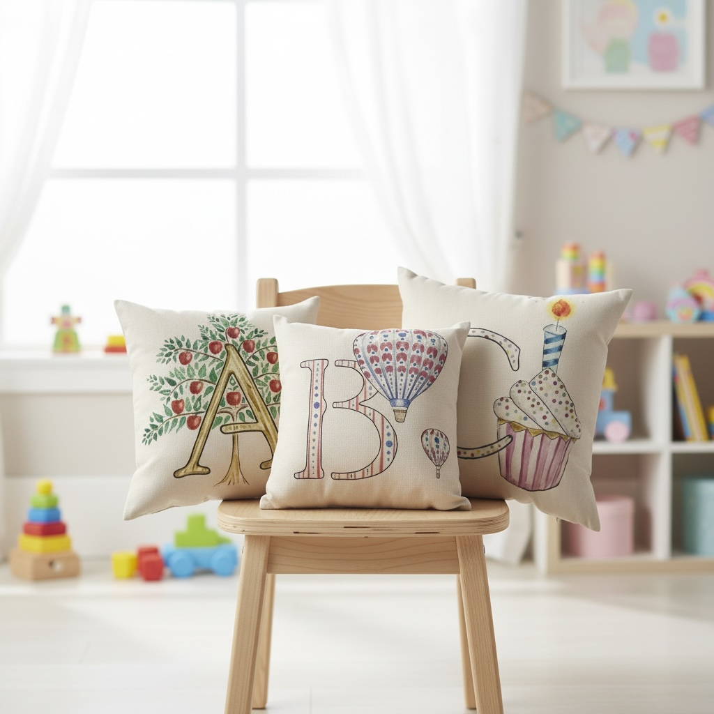 Illustrated Alphabet Linen Cushion Cover – Handmade in the UK | Personalised Letter Pillow | Nursery & Children’s Room Décor