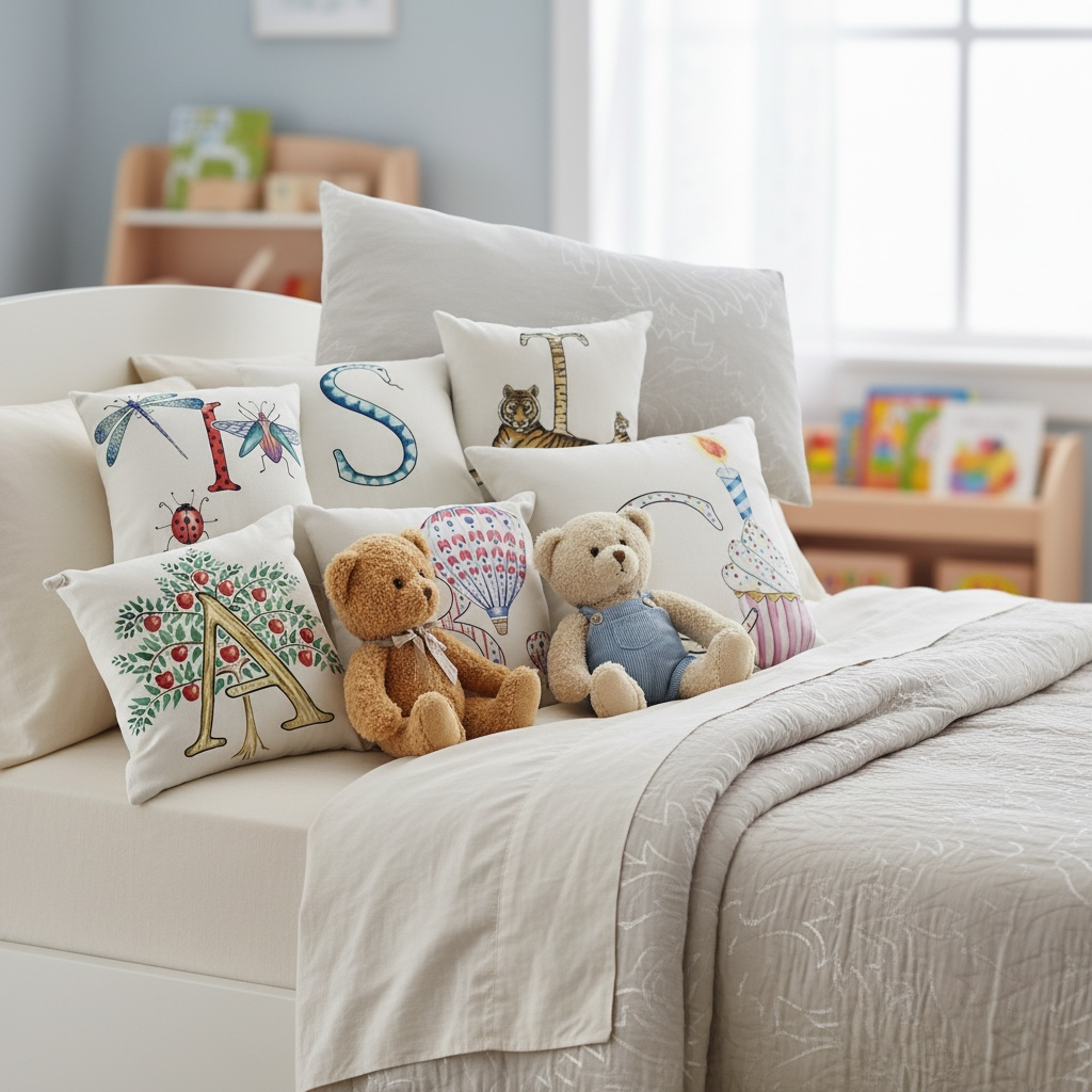 Illustrated Alphabet Linen Cushion Cover – Handmade in the UK | Personalised Letter Pillow | Nursery & Children’s Room Décor