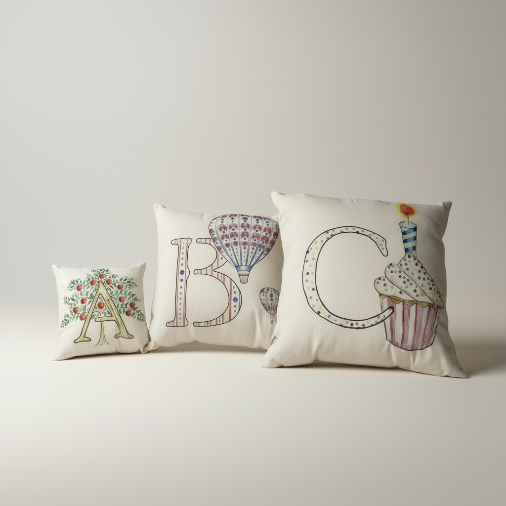 Illustrated Alphabet Linen Cushion Cover – Handmade in the UK | Personalised Letter Pillow | Nursery & Children’s Room Décor